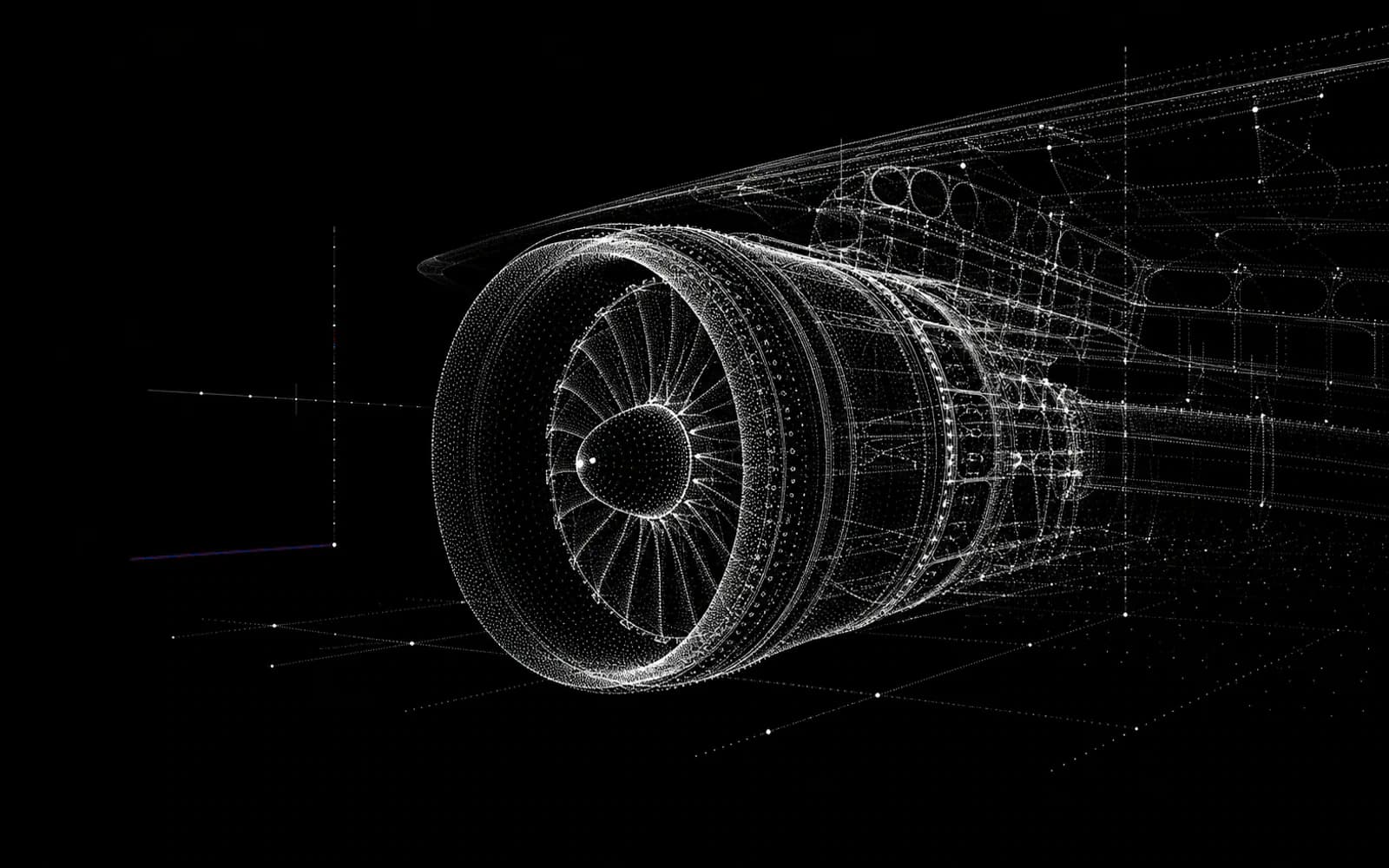 Nokta bulutu tekniğiyle oluşturulmuş uçak türbini ve gövde geometrisi